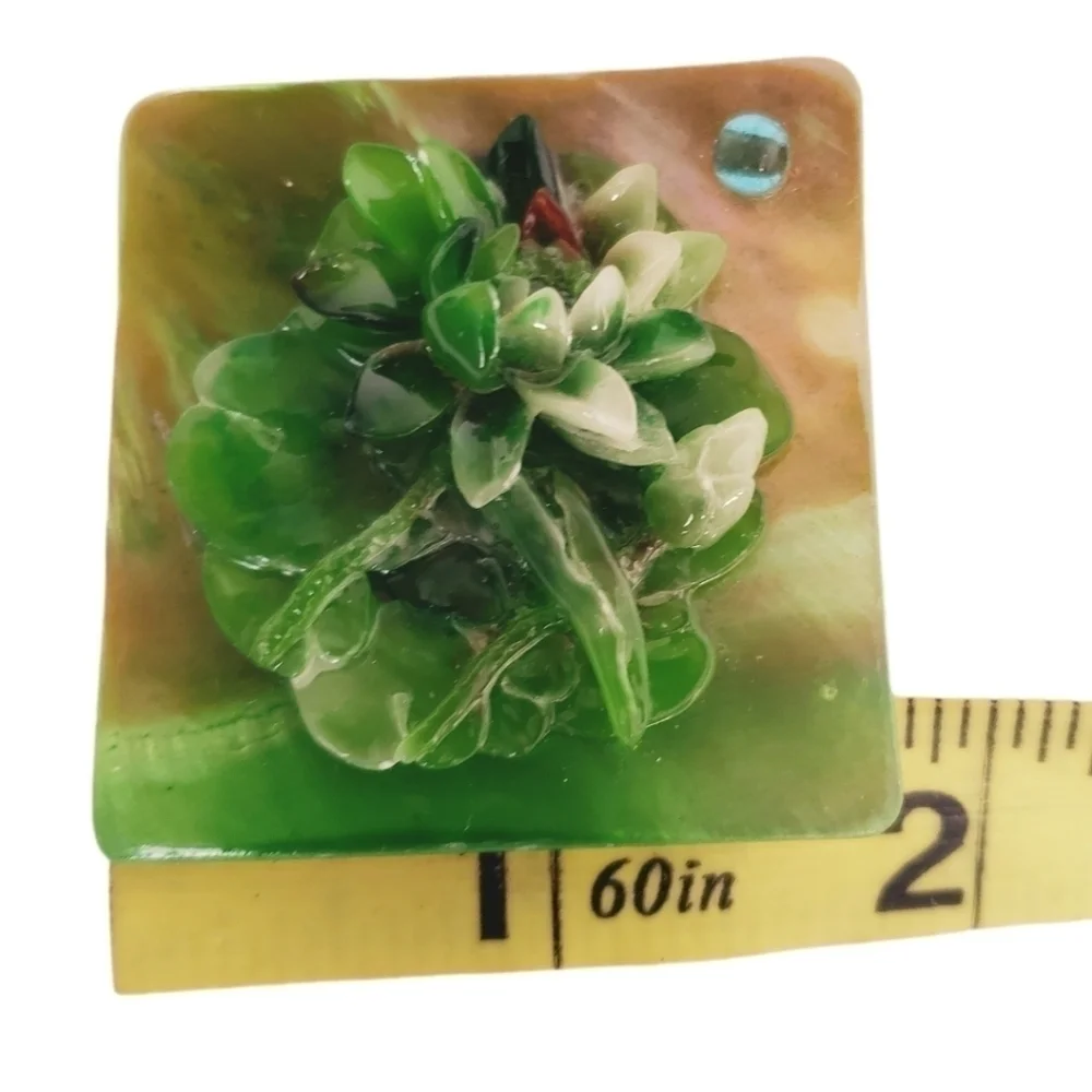 Vintage Brooch Green Floral On Mother of Pearl Look Square/ Diamond Shape